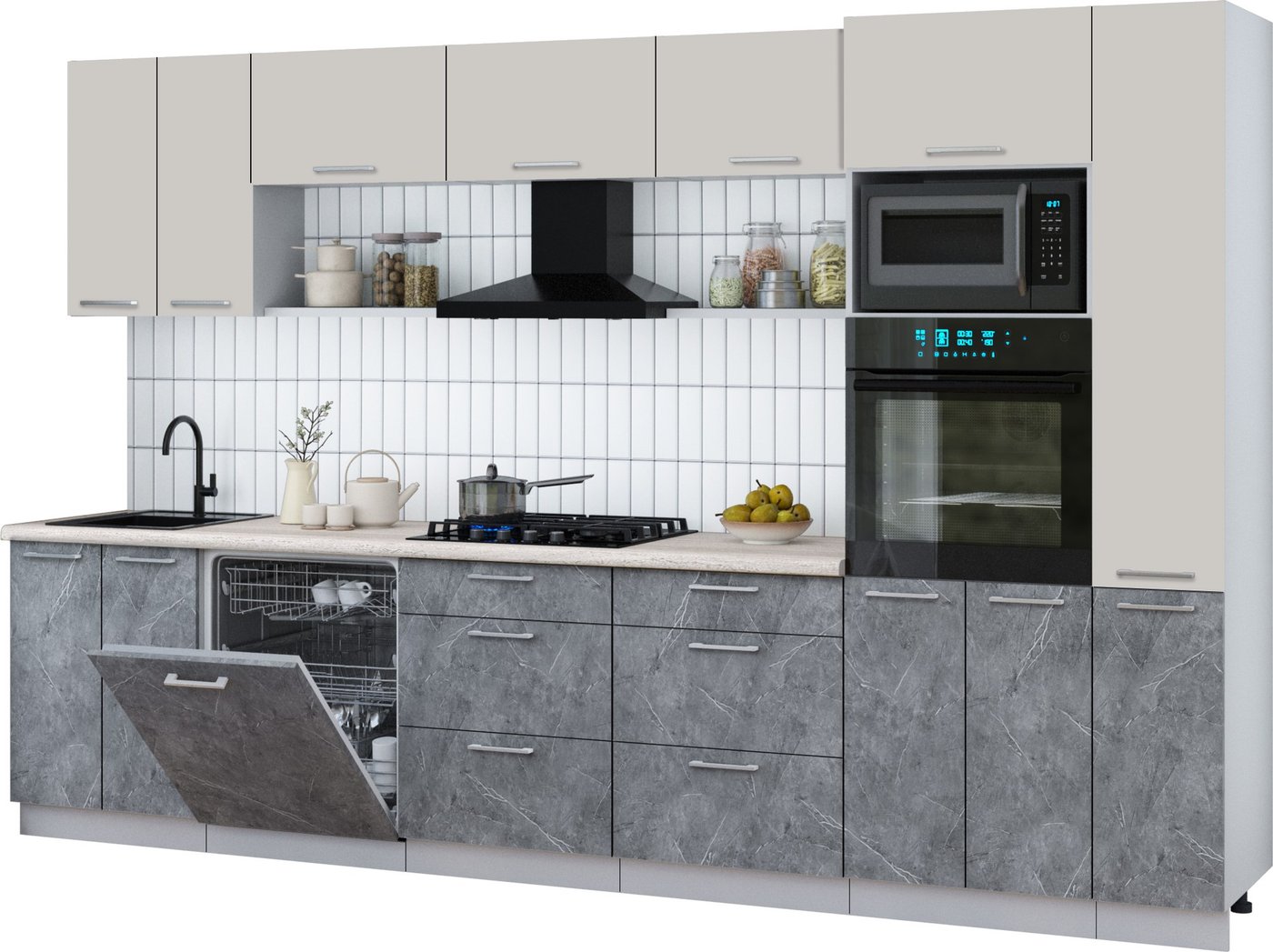 

Готовая кухня Интерлиния Мила Gloss 3.3-ПМ1 (керамика/кашемир/травертин серый)