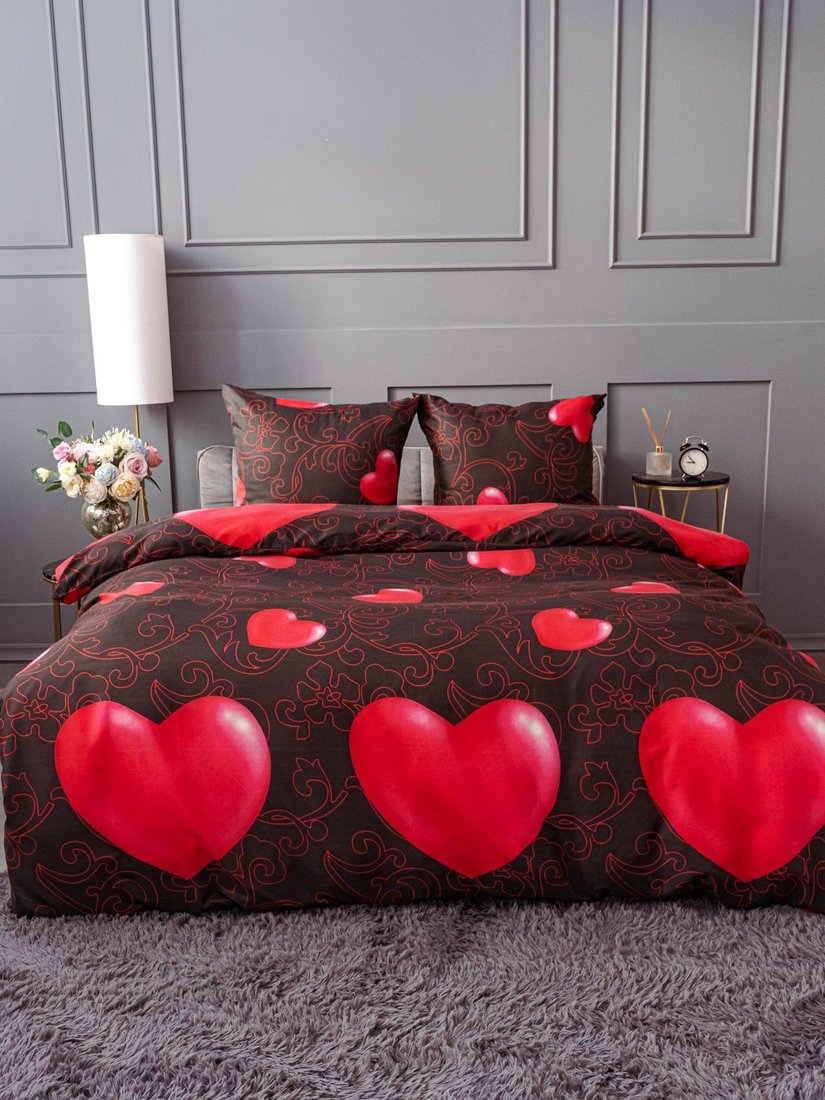 

Евро комплект постельного белья PAVLine Евро 7643-06 Красные сердца на черном