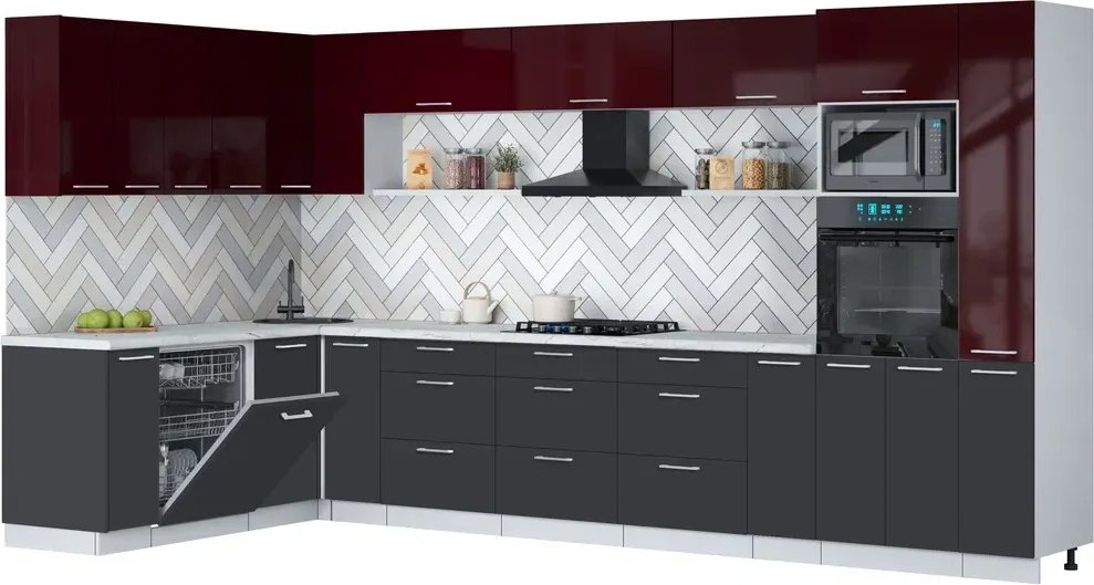 

Готовая кухня Интерлиния Мила Gloss 1.896х3.88 (пепел/бордовый глянец/серый каспий)