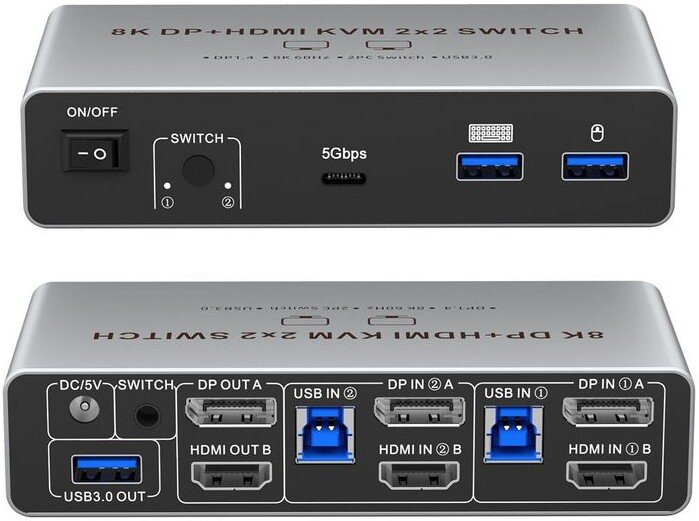 KVM переключатель USBTOP 2x2 HDMI v2.1 + DisplayPort v1.4 - 8K 60Гц / 4K 240Гц 559643