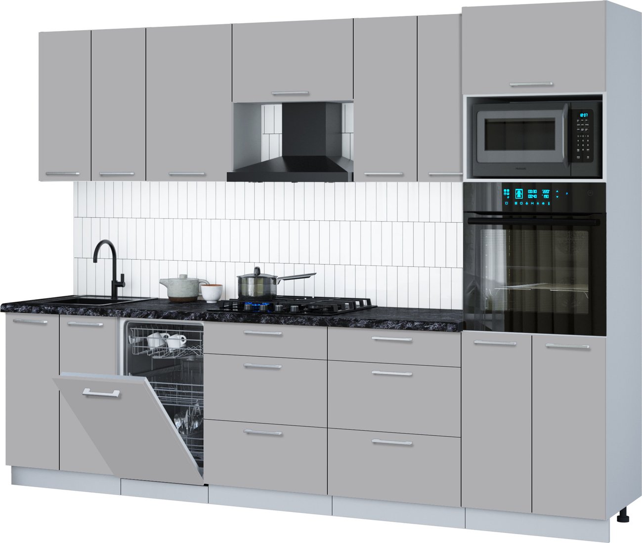 

Готовая кухня Интерлиния Мила Gloss 2.85-ПМ3 (грей/грей/кастилло темный)