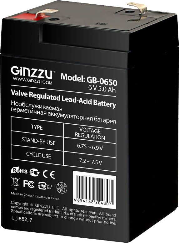 

Аккумулятор для ИБП Ginzzu GB-0650 (6В/5 А·ч)