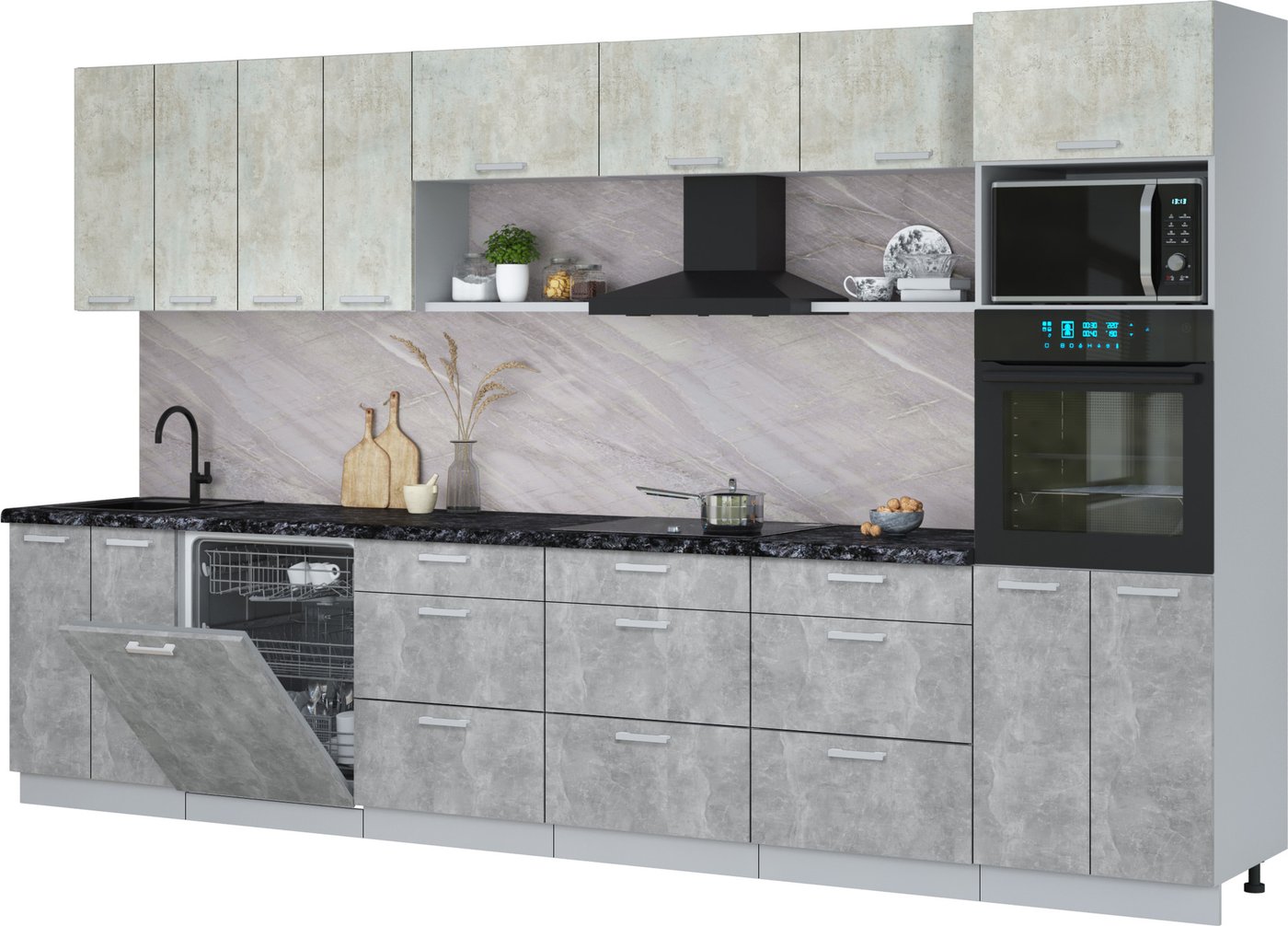 

Готовая кухня Интерлиния Мила Лайт 3.6-ПМ1-2 (бетон лайт/бетон/кастилло темный)