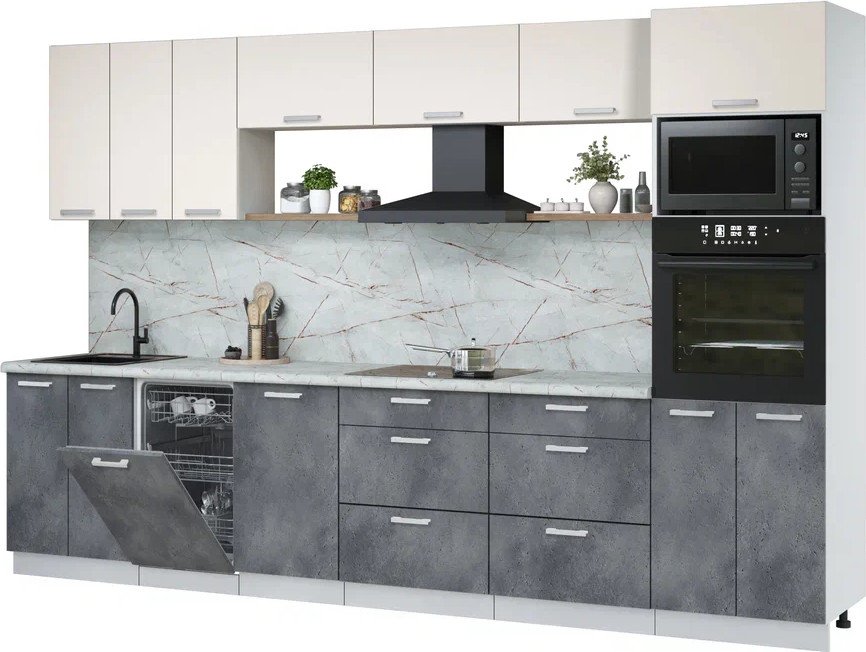 

Готовая кухня Интерлиния Мила Лайт 3.3-ПМ3 (персидский жемчуг/бетон портленд/серый каспий)