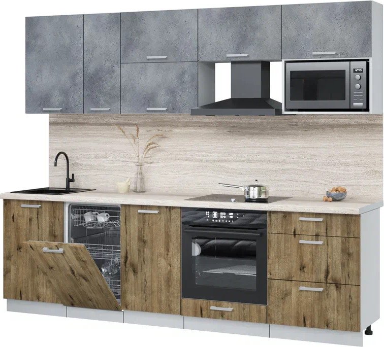 

Готовая кухня Интерлиния Мила Лайт 2.6-ПМ4 (бетон портленд/дуб веллингтон/травертин серый)