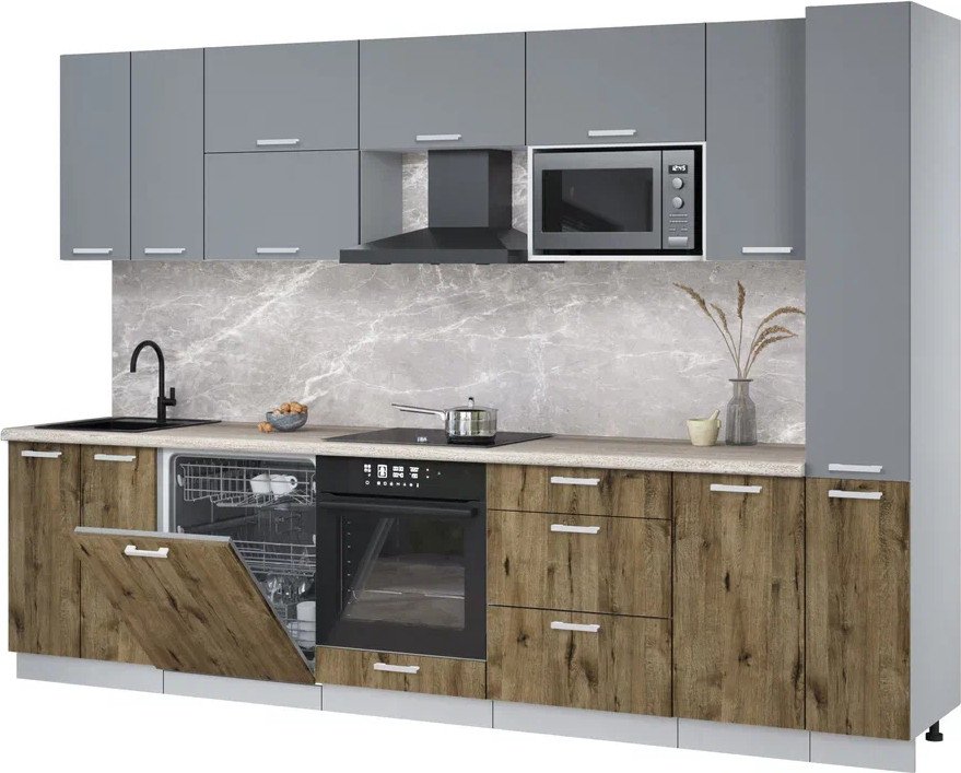 

Готовая кухня Интерлиния Мила Лайт 3.1-ПМ2 (серебро/дуб веллингтон/травертин серый)