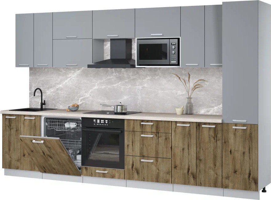 

Готовая кухня Интерлиния Мила Лайт 3.4-ПМ2 (серебро/дуб веллингтон/травертин серый)