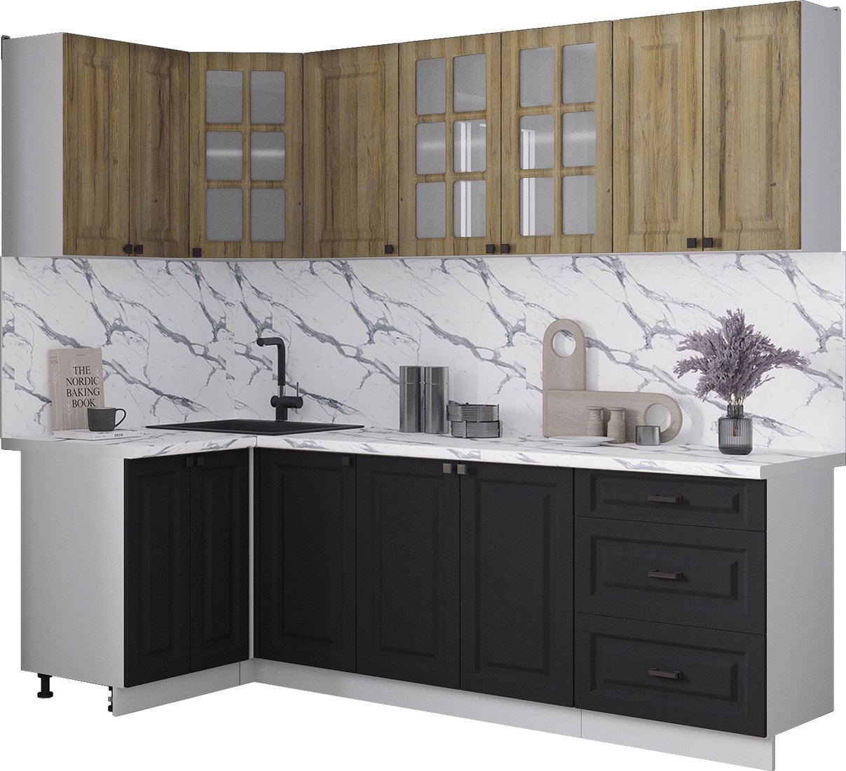 

Готовая кухня Интерлиния Мила Деко 1.2x2.4 (черный/дуб вотан/белый гранит)