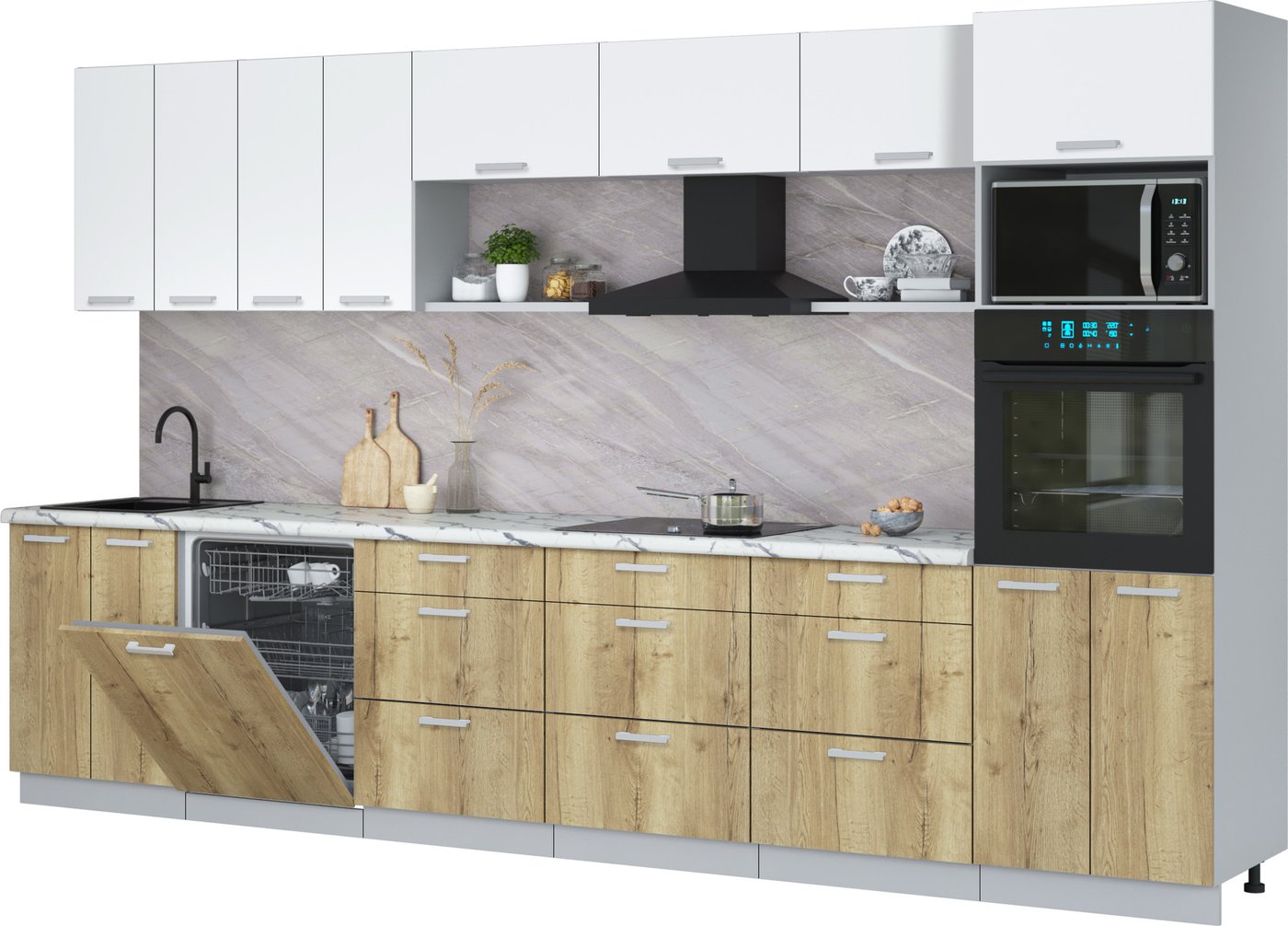 

Готовая кухня Интерлиния Мила Лайт 3.6-ПМ1-2 (белый платинум/дуб золотой/белый гранит)