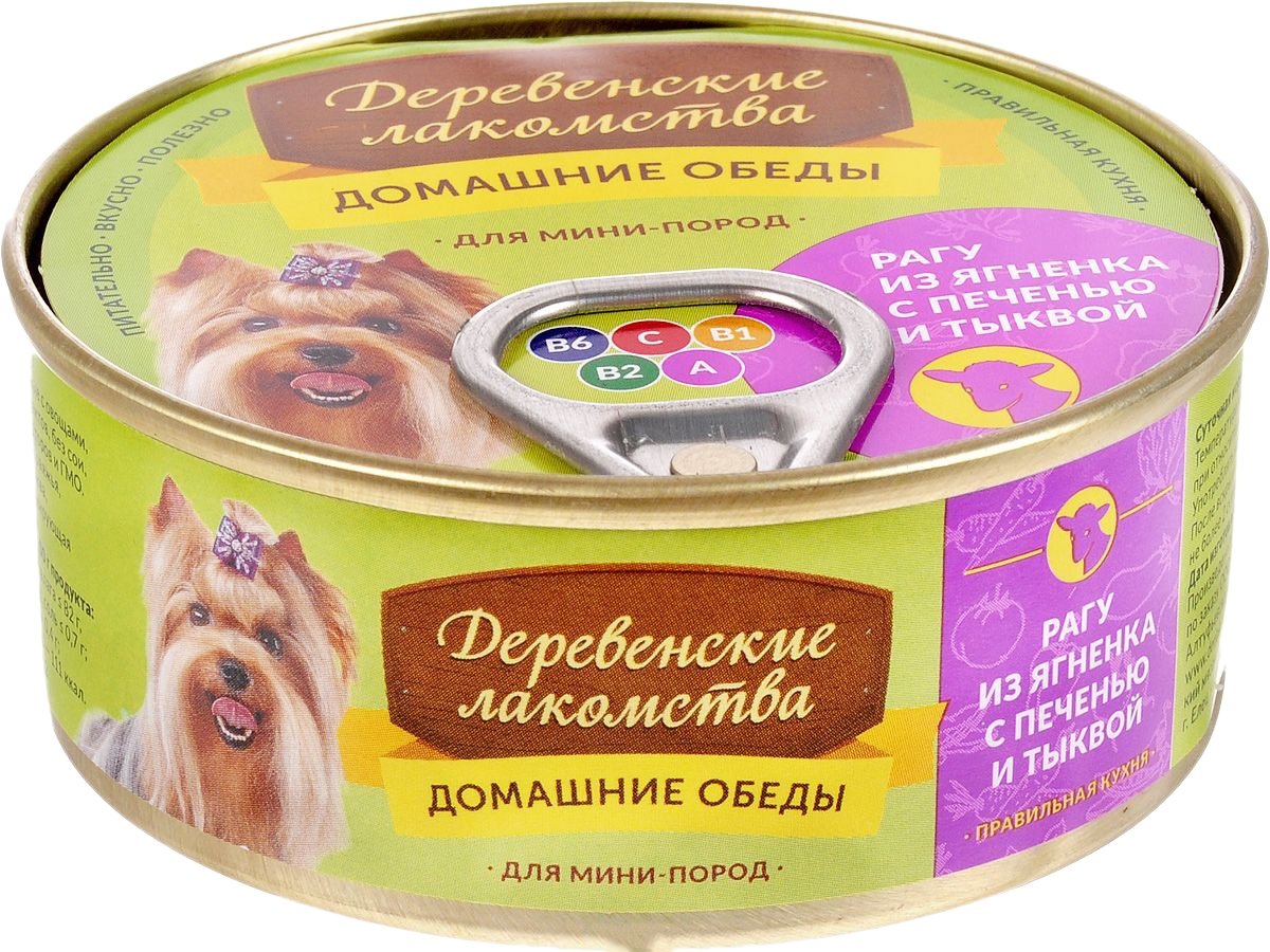 

Консервированный корм для собак Деревенские лакомства Домашние обеды: рагу из ягнёнка с печенью и тыквой 0.1 кг