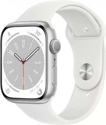 Apple Watch Series 8 45 мм (алюминиевый корпус, серебристый/белый, спортивный силиконовый ремешок M/L)