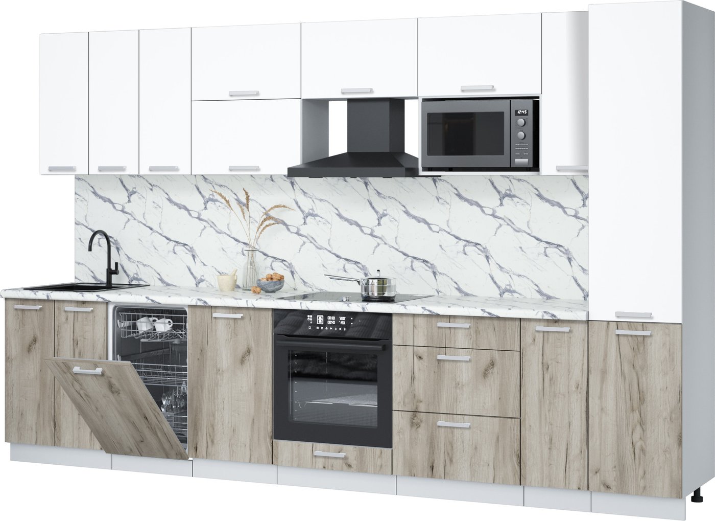 

Готовая кухня Интерлиния Мила Лайт 3.4-ПМ4 (белый платинум/дуб серый/белый гранит)