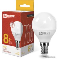 Светодиодная лампочка In Home LED-Шар-VC 8Вт 230В Е14 3000К 760Лм 4690612020549