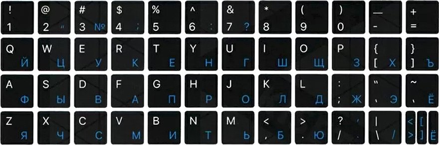 

Наклейки с русской раскладкой KST ENRU-V50102 (для MacBook, черная основа/синие символы)