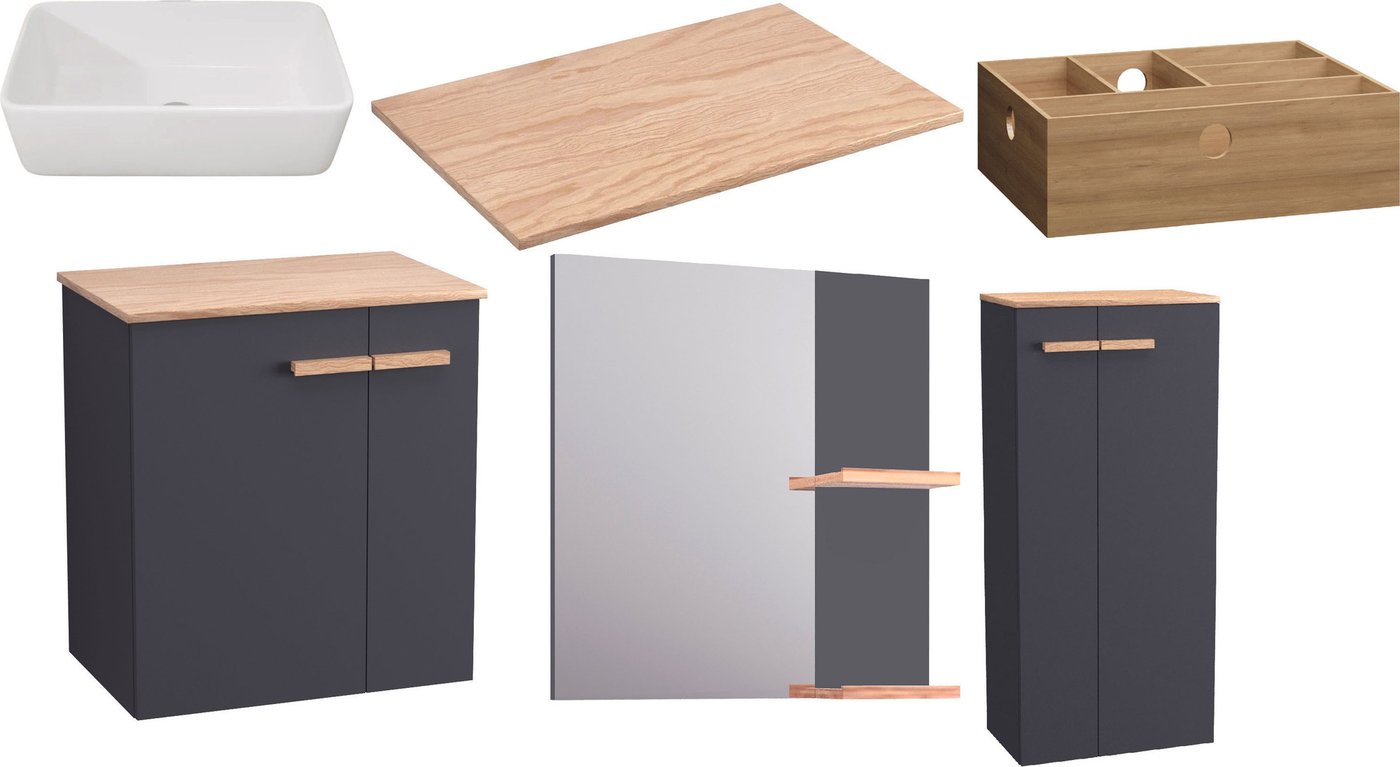 

Lauter Комплект мебели для ванной Adri тумба, столешница, раковина 21674A (органайзер 32 см, шкаф-пенал, зеркало, 59 см, антрацит)