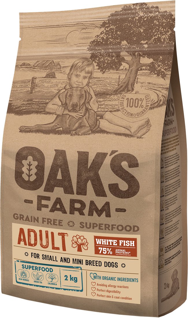 

Сухой корм для собак Oak's Farm Беззерновой для взрослых малых и миниатюрных пород. Белая рыба (2 кг)