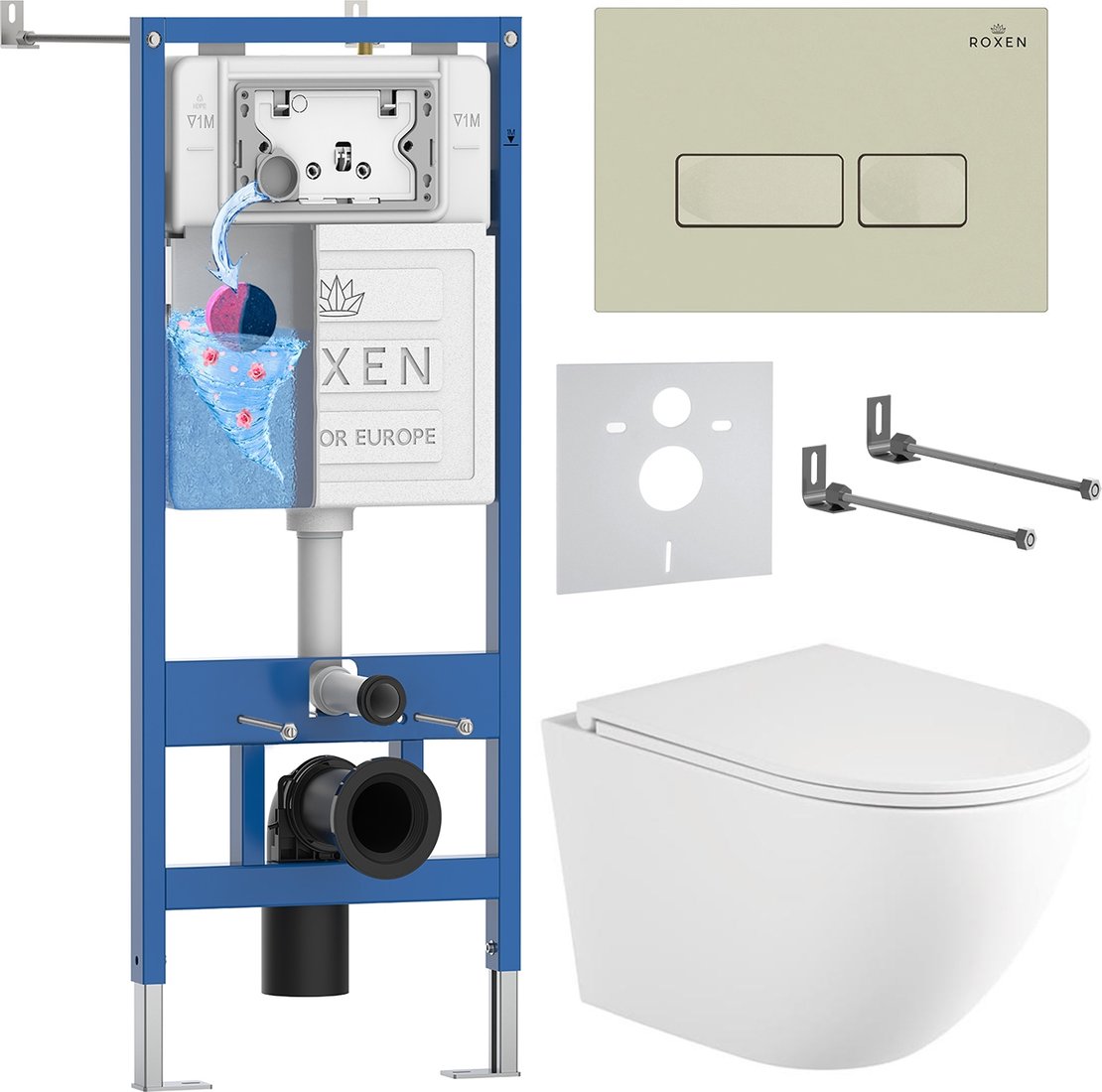 

Унитаз подвесной Roxen Antares Tornado Long в комплекте с инсталляцией StounFix Dual Fresh 6 в 1 868416 (кнопка: пастель бежевый матовая)