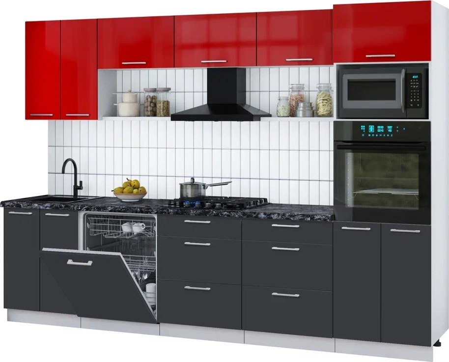 

Готовая кухня Интерлиния Мила Gloss 3.0-ПМ1 (пепел/красный глянец/кастилло темный)