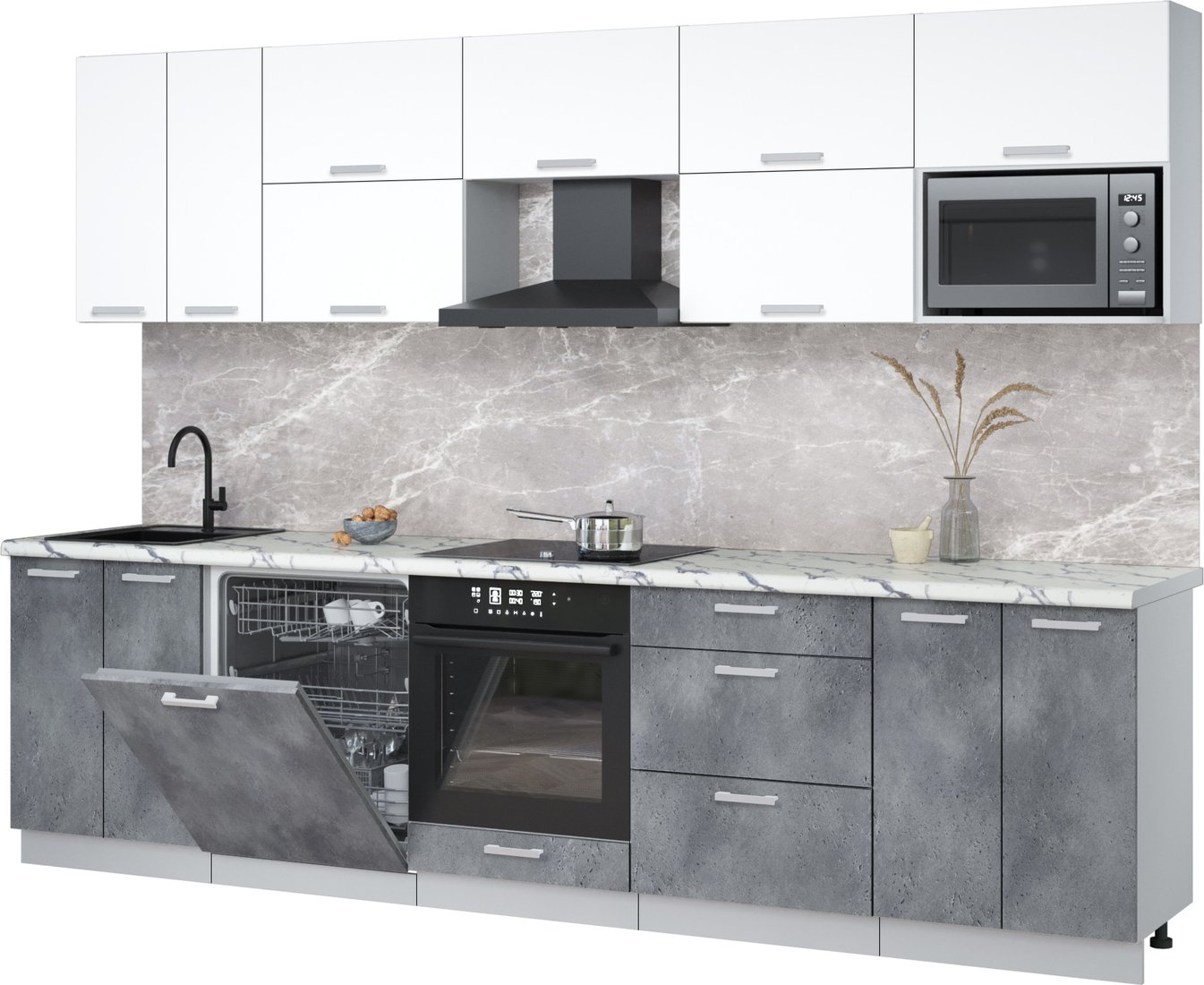 

Готовая кухня Интерлиния Мила Лайт 3.0-ПМ2 (белый платинум/бетон портленд/белый гранит)