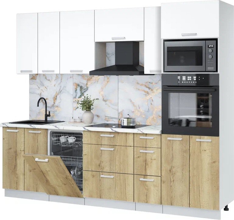 

Готовая кухня Интерлиния Мила Лайт 2.55-ПМ3 (белый платинум/дуб золотой/белый гранит)