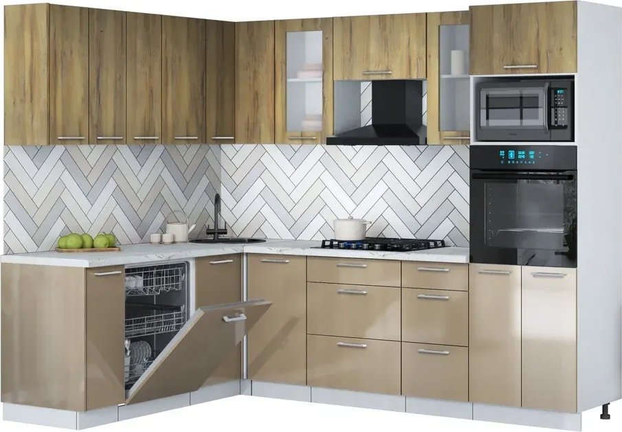 

Готовая кухня Интерлиния Мила Gloss 1.896х2.58 (капучино глянец/дуб вотан/серый каспий)