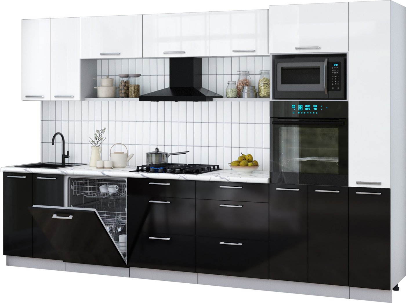 

Готовая кухня Интерлиния Мила Gloss 3.3-ПМ1 (черный глянец/белый глянец/белый гранит)