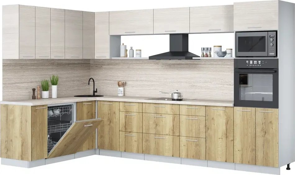 

Готовая кухня Интерлиния Мила Лайт 1.896х3.38-2 (вудлайн кремовый/дуб золотой/травертин серый)