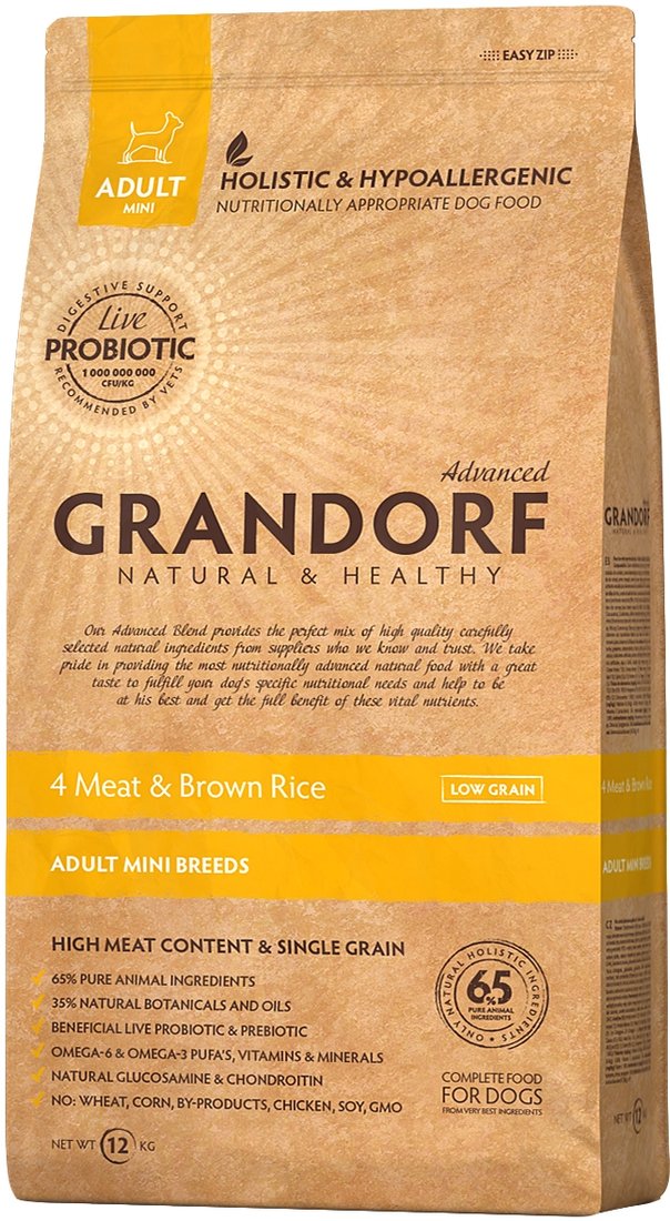 

Сухой корм для собак Grandorf Probiotic Adult Mini 4Meat Brown Rice (Пробиотик 4 мяса с коричневым рисом) 1 кг