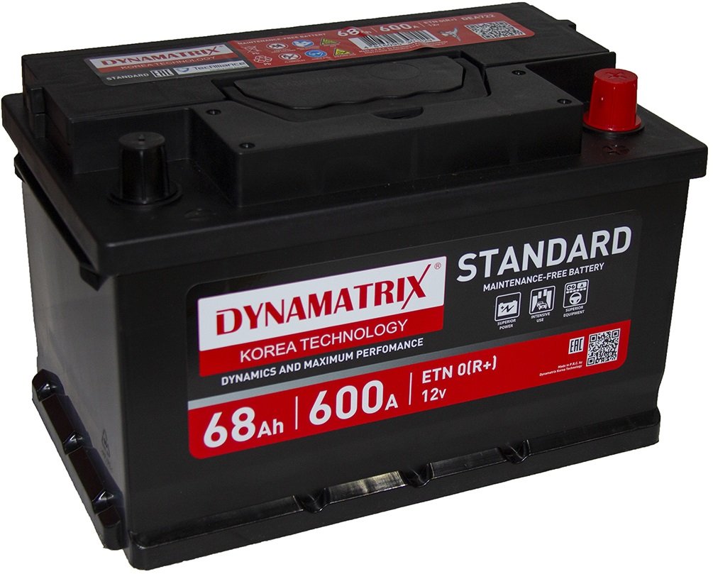 

Автомобильный аккумулятор Dynamatrix Standard R+ 600A (68 А·ч)