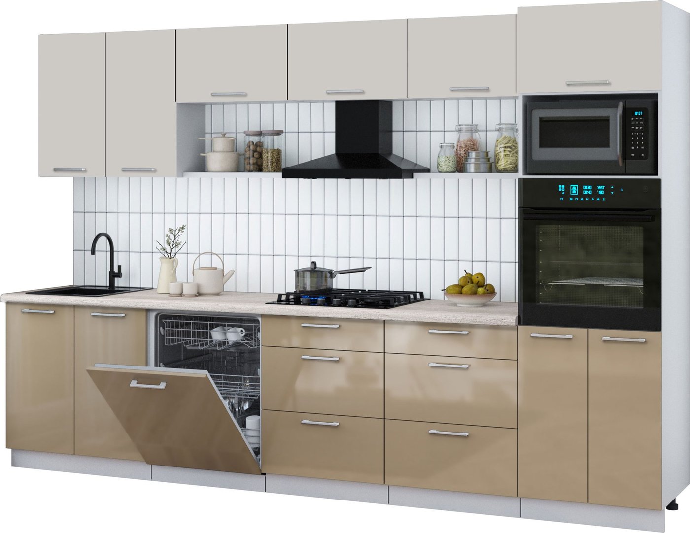 

Готовая кухня Интерлиния Мила Gloss 3.2-ПМ1 (капучино глянец/кашемир/травертин серый)