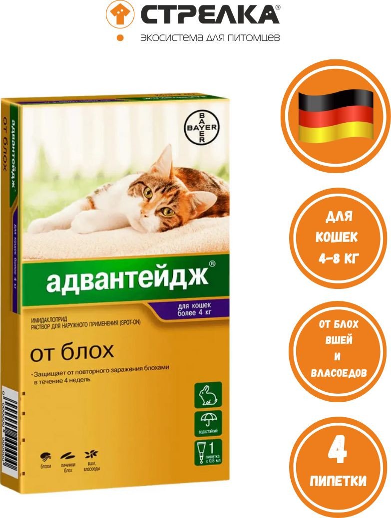 Капли от блох и клещей Elanco Адвантейдж 80 для кошек весом 4-8 кг (4 пипетки)
