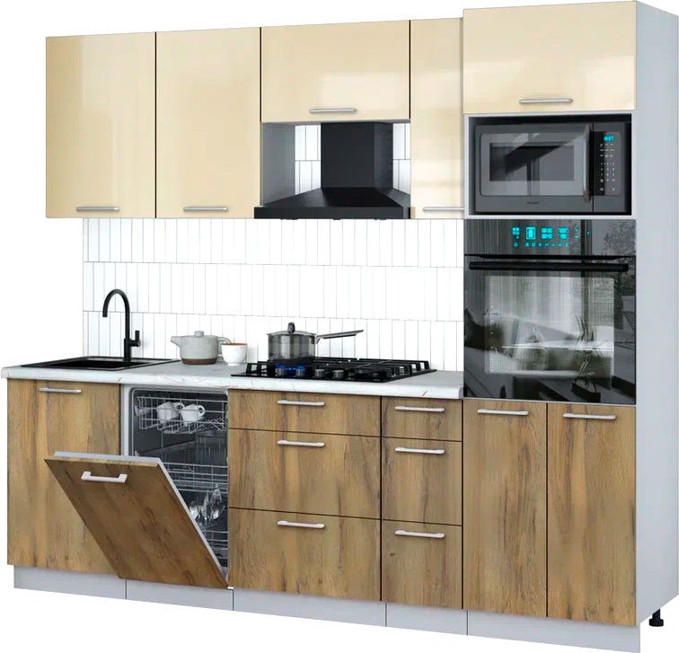 

Готовая кухня Интерлиния Мила Gloss 2.45-ПМ3 (дуб вотан/ваниль глянец/серый каспий)