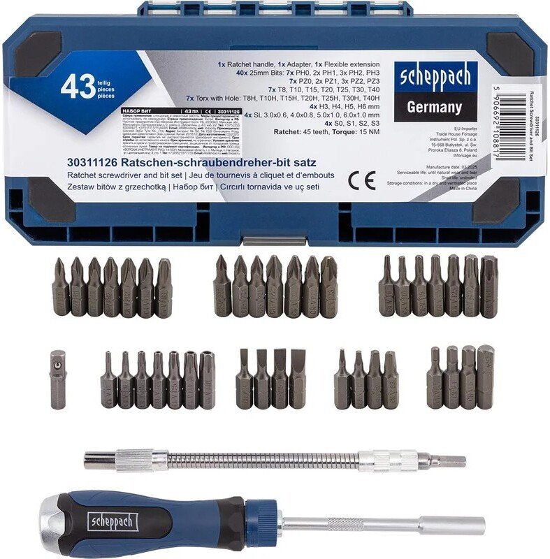 

Набор отвертка с битами Scheppach Sch-30311126 (43 предмета)