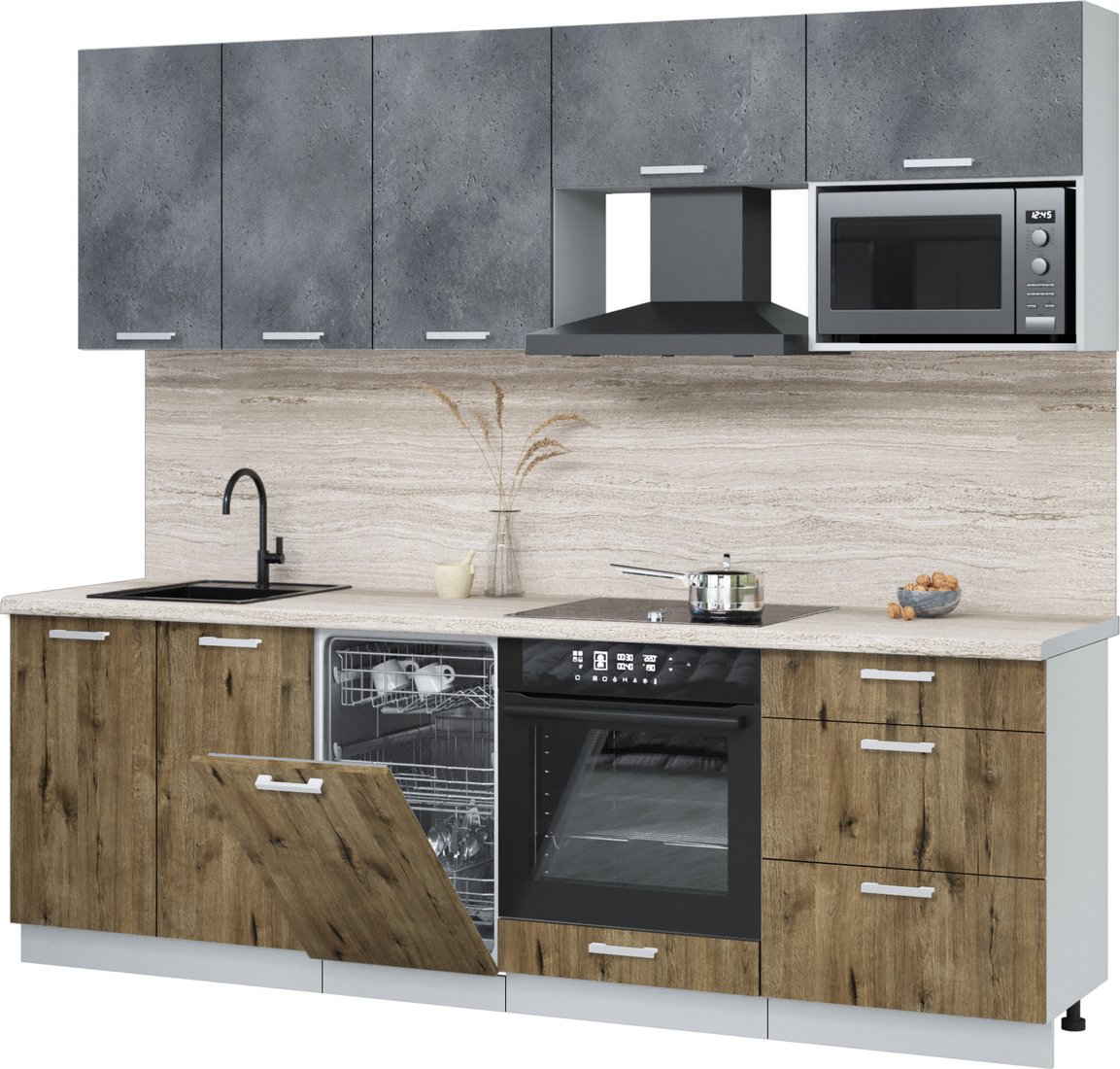 

Готовая кухня Интерлиния Мила Лайт 2.45-ПМ4 (бетон портленд/дуб веллингтон/травертин серый)