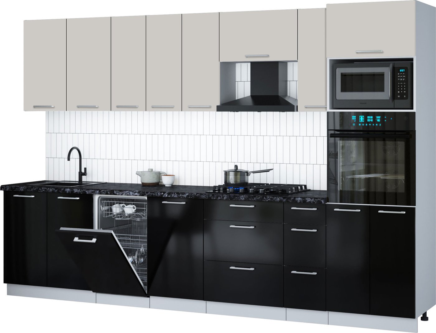 

Готовая кухня Интерлиния Мила Gloss 3.2-ПМ3 (черный глянец/кашемир/кастилло темный)