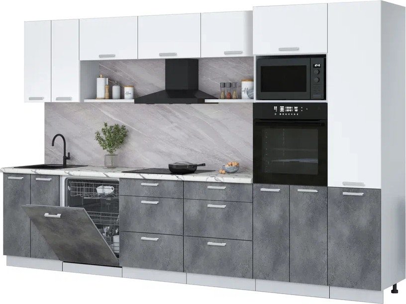 

Готовая кухня Интерлиния Мила Лайт 3.4-ПМ1 (белый платинум/бетон портленд/белый гранит)