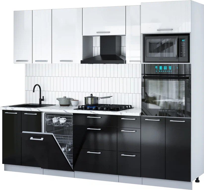 

Готовая кухня Интерлиния Мила Gloss 2.55-ПМ3 (черный глянец/белый глянец/белый гранит)