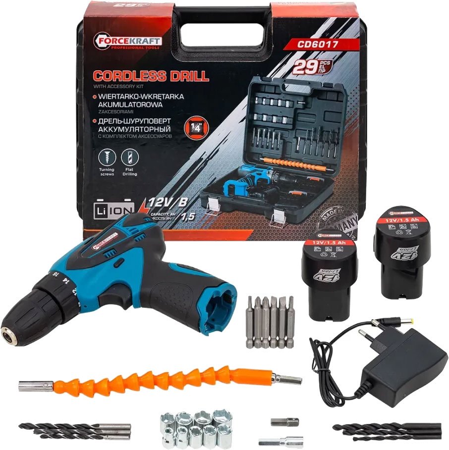 

Дрель-шуруповерт ForceKraft FK-CD6017 (с 2-мя АКБ, кейс)