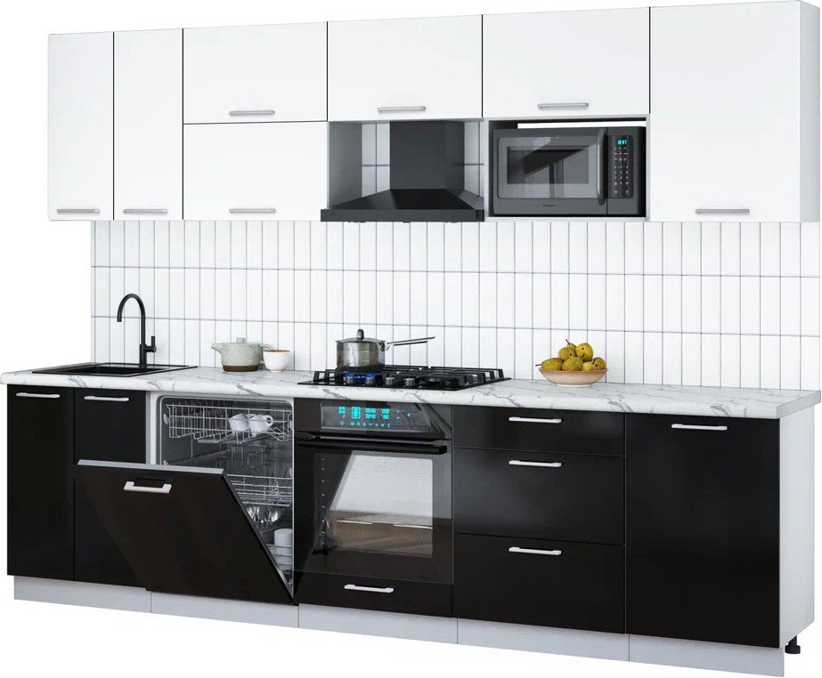 

Готовая кухня Интерлиния Мила Gloss 2.9-ПМ2 (черный глянец/белый/белый гранит)