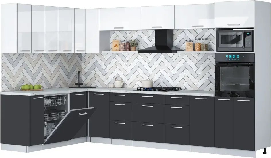 

Готовая кухня Интерлиния Мила Gloss 1.896х3.38-2 (пепел/белый глянец/серый каспий)