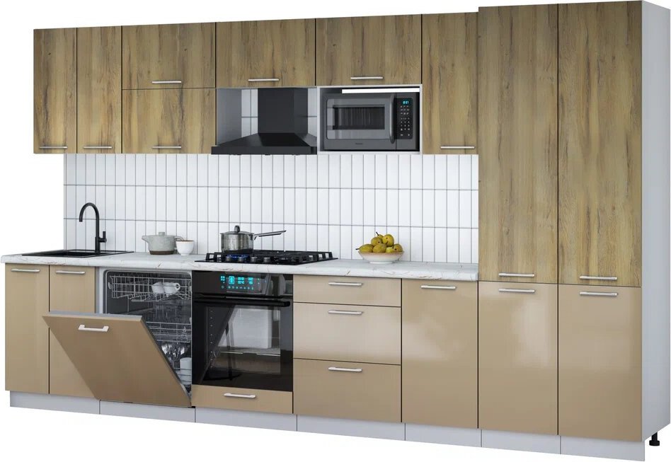 

Готовая кухня Интерлиния Мила Gloss 3.6-ПМ2 (капучино глянец/дуб вотан/серый каспий)