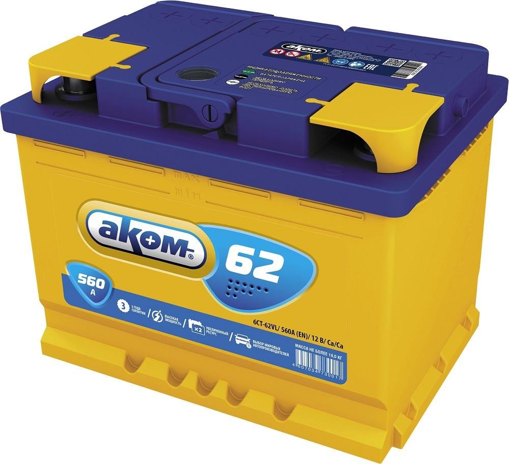 

Автомобильный аккумулятор AKOM 6СТ-62VL R+ (62 А·ч)