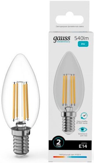 

Светодиодная лампочка Gauss Filament Elementary Свеча 8W 540lm 4100К Е14 32128