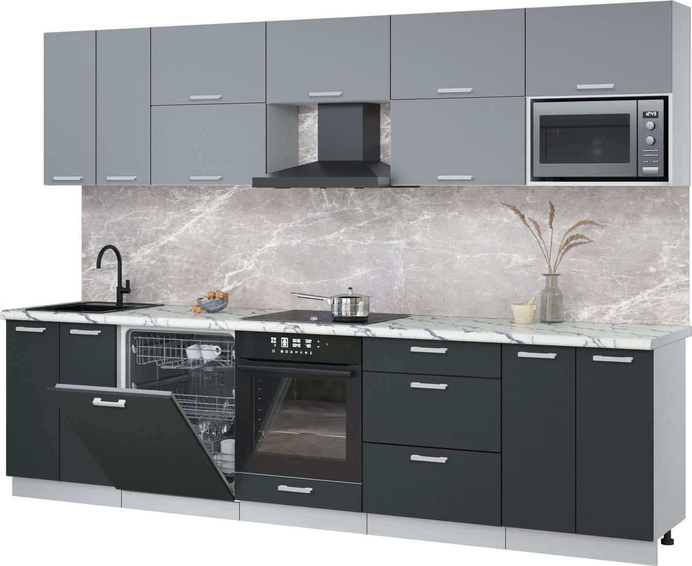 

Готовая кухня Интерлиния Мила Лайт 3.0-ПМ2 (серебро/антрацит/белый гранит)