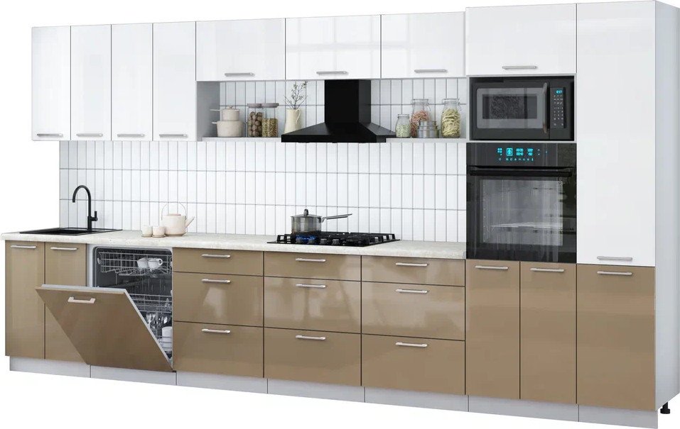 

Готовая кухня Интерлиния Мила Gloss 4.0-ПМ1 (капучино глянец/белый глянец/опал светлый)