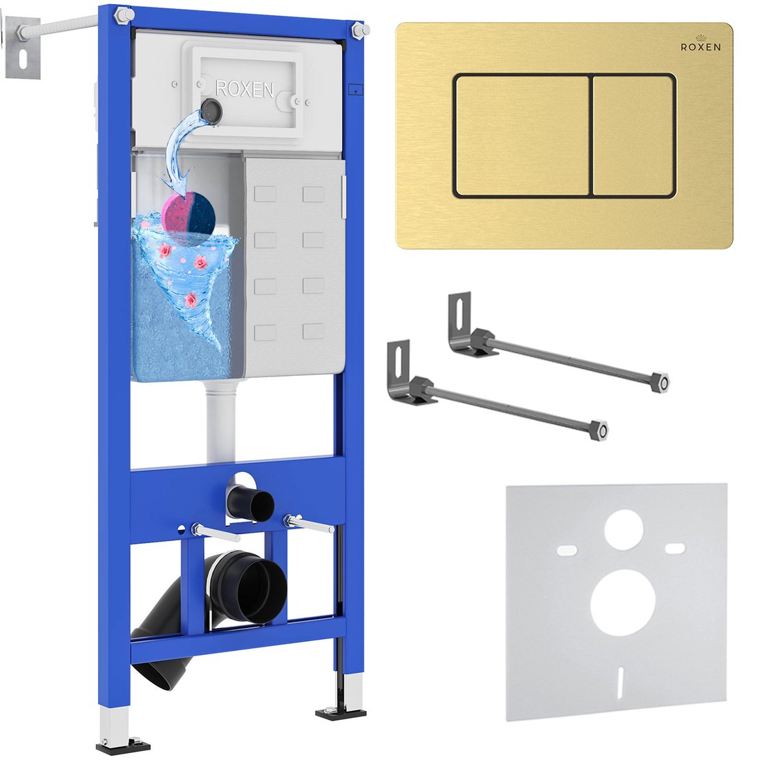 

Инсталляция для унитаза Roxen StounFix Dual Fresh 968409 (c аромадозатором) с кнопкой (брашированное золото)