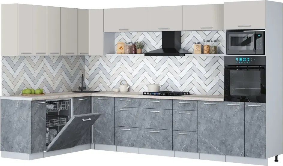 

Готовая кухня Интерлиния Мила Gloss 1.896х3.38-2 (керамика/кашемир/травертин серый)