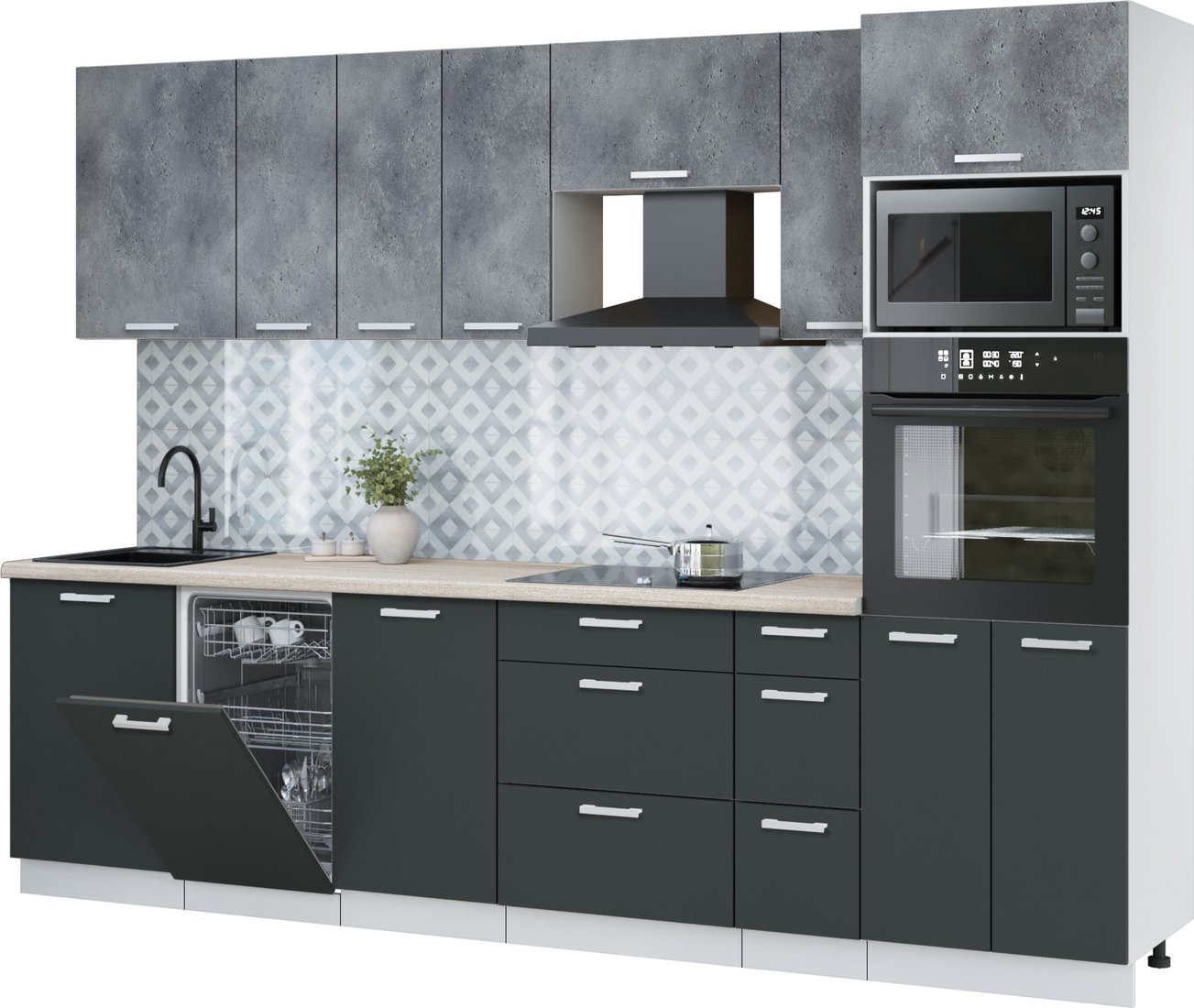 

Готовая кухня Интерлиния Мила Лайт 2.9-ПМ3 (бетон портленд/антрацит/травертин серый)