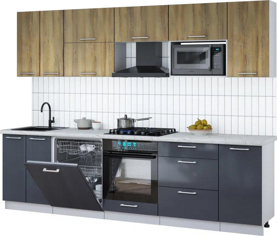 

Готовая кухня Интерлиния Мила Gloss 2.8-ПМ2 (асфальт глянец/дуб вотан/серый каспий)