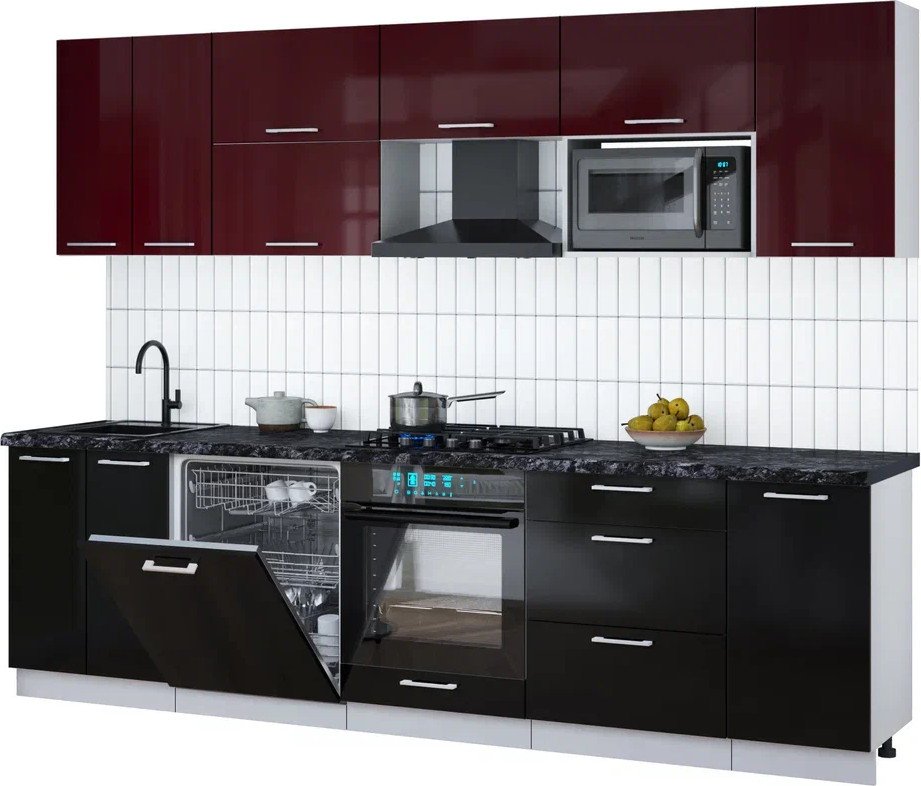 

Готовая кухня Интерлиния Мила Gloss 2.8-ПМ2 (черный глянец/бордовый глянец/кастилло темный)